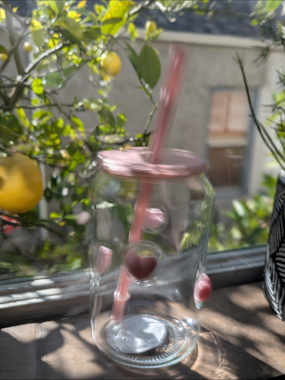 Clear Glass Tumbler with Pink Heart Straw Lid - Picture 3 of 4